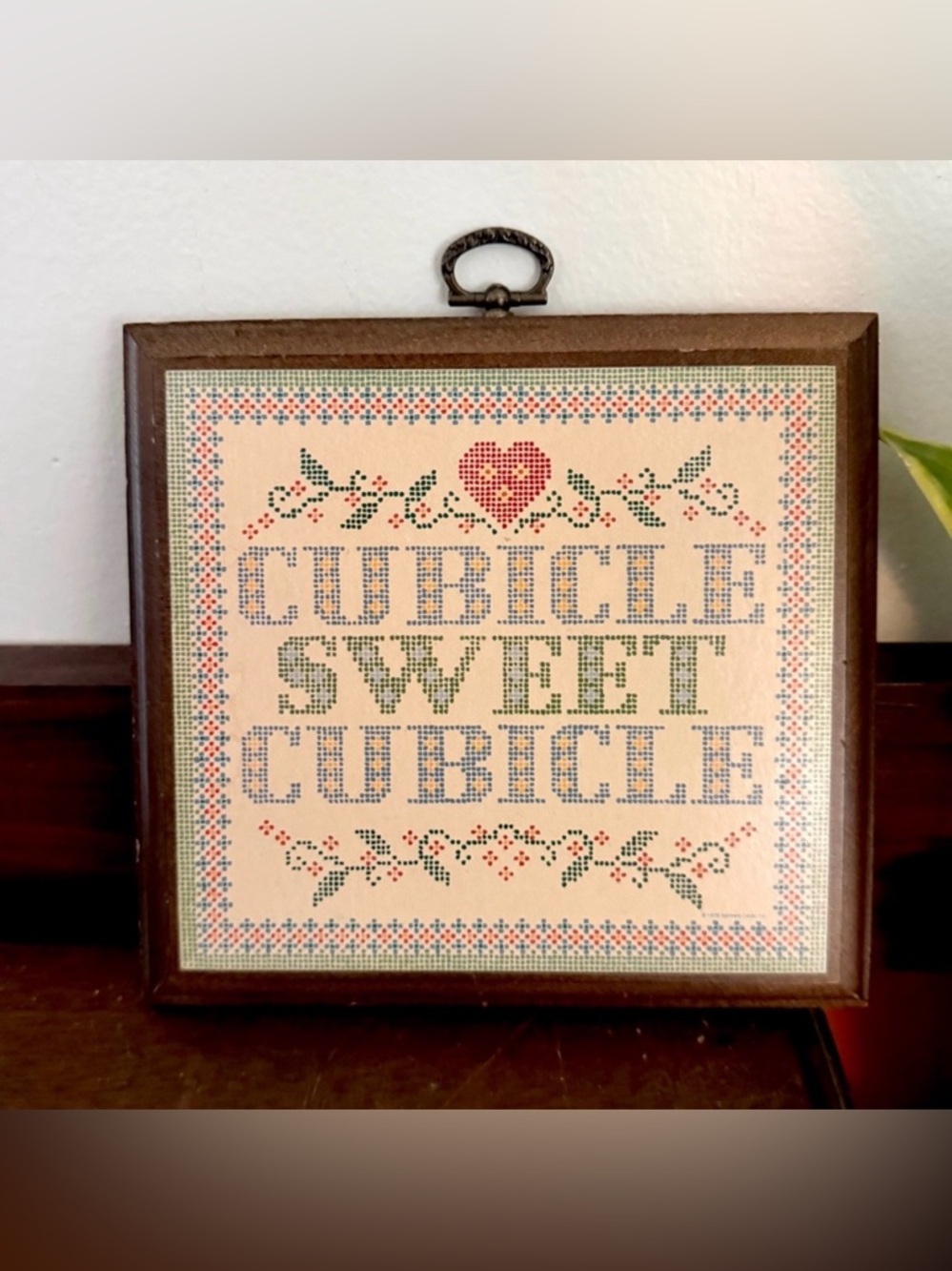 Cubicle Sweet Cubicle Vintage Style Funny Faux Embroidered Wood Wall Plaque Boho